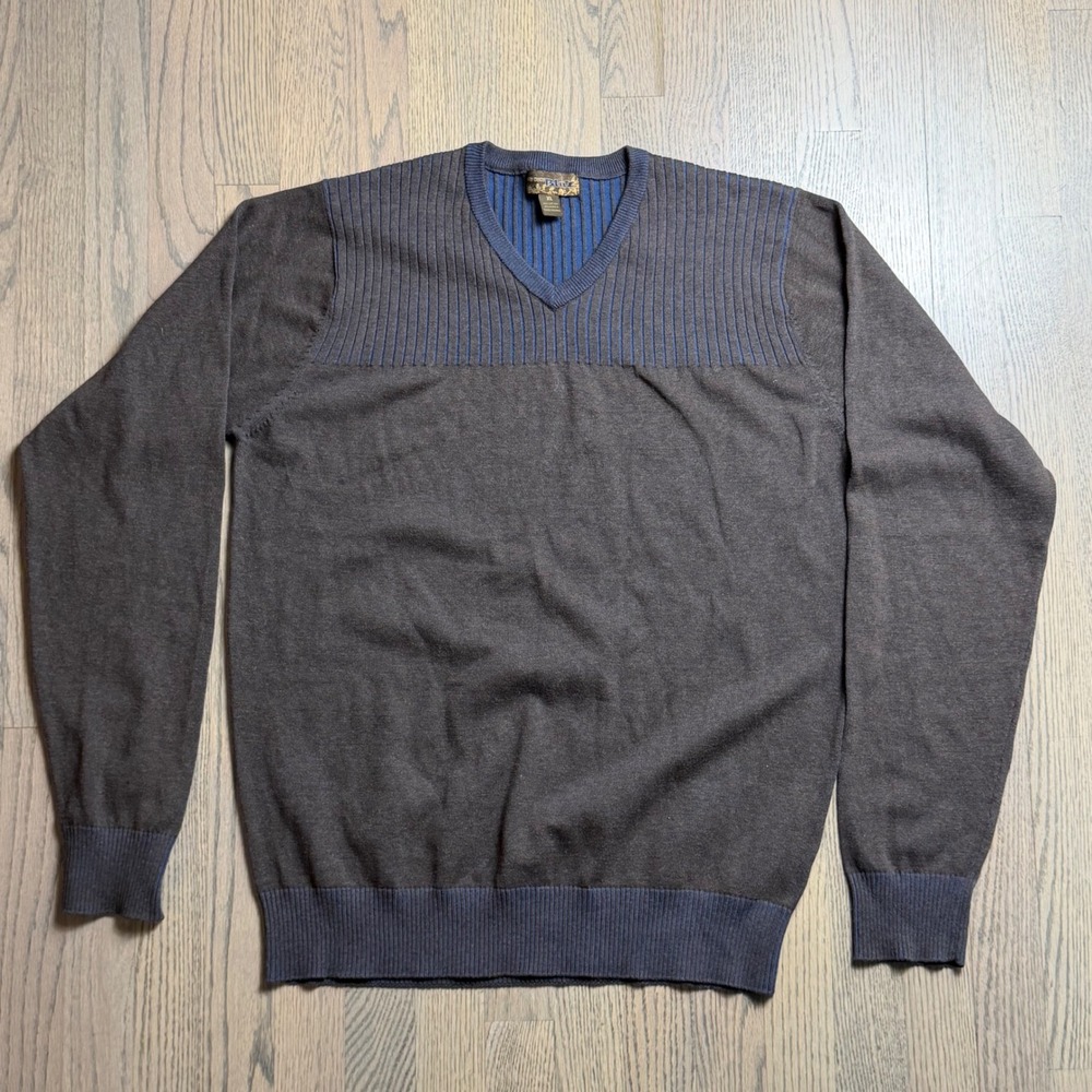 Pronto Uomo Blue Mens V Neck Sweater XL Brown Blue Ribbed Knit Cotton Acrylic